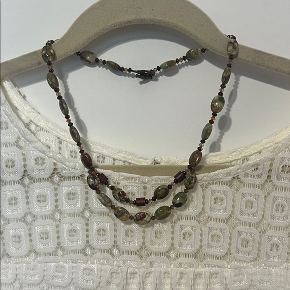 Jewelry - Vintage Beaded Necklace and Earrings - Green and Brown Tones